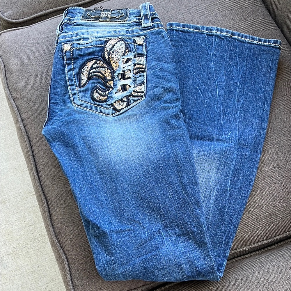 Miss Me Dark Blue Boot Cut Jeans with fleur-de-lis Embellishment